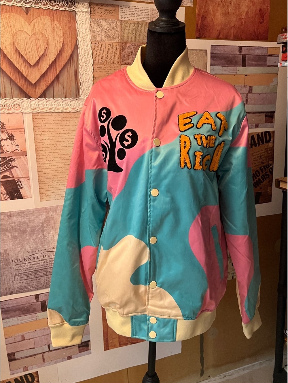 Vintage Y2K Roku Studio Eat The Rich Teal Pink Satin Bomber Jacket Medium